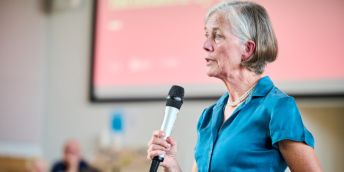 Professor Dame Angela McLean giving her keynote speech in the Esther Simpson building.
