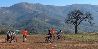 Children learning how to ride bikes