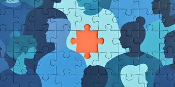 A jigsaw puzzle in shades of blue, with a missing piece in the centre highlighted in orange.
