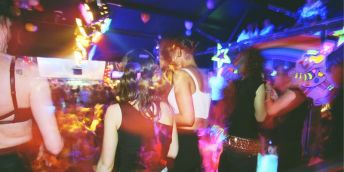 A club night in Leeds, with colourful lights and overlays