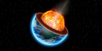 Graphic shows the Earth as seen from space. Half of the graphic shows the surfaces of the world - the other half of the graphic  shows the hot processes that happen deep in the Earth's core.