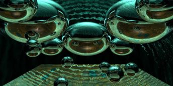 Large, shiny, green bubbles float above smaller bubbles, with irregular, green, wave-shaped stripes above and below them.