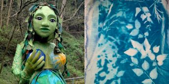 Two images of artistic displays side by side. On the left, a green creature is stood in a forest, and on the right, leaves are silhouetted against a blue backdrop