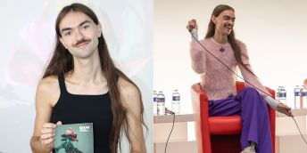 Two images side by side of Loic Chave. In the first they are holding a book, smiling at the camera, and in the second they are sat on stage holding a microphone