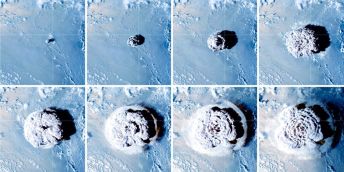 Time lapse aerial images of eruption and spreading grey plume