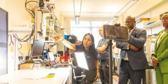 Renita Bharatsingh showcasing her project with a surgical robotics to the High Commissioner of Saint Vincent and the Grenadines, Professor Kevin Morris and Angela St.Denis and a hybrid online audience.