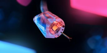 Zoomed in view of mini robot with plastic nodule cut across showing microchip and protruding wires