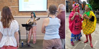 A collage showing (left): a group of people practising for a choir performance; (right) Sue Jennings and Anna Douglas in full costume as part of their research. Sue wears a pink woopee cushion costume and Anna wears a yellow pineapple costume.