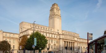 The University of Leeds Parkinson Building with a blue sky in the background