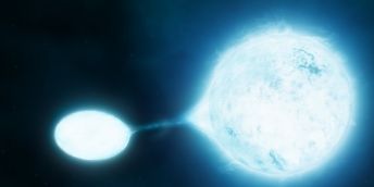 Large bright ball of light against black sky is pulling line of light from smaller bright ball