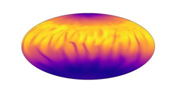 A map that shows that shows the hotter and cooler zones on the magnetar. The cooler zones are blue and the hotter zones are yellow