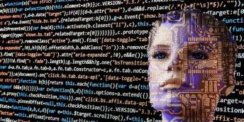 The picture is a graphic mock up of a hal human, half robot face - to symbolise artificial intelligence