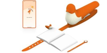 An image showing a mobile phone screen with the Snapchat logo, a book with the orange Snapmark bookmark and orange biodata bracelet