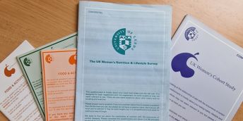 Four printed nutrition and lifestyle survey booklets, with University of Leeds branding, arranged on a wooden surface