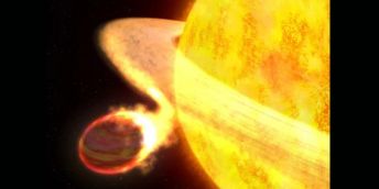 Artist’s concept of a golden exoplanet with a ring around it, spiralling in towards its star.