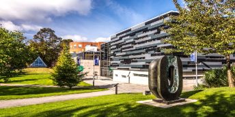 Barbara Hepworth's Dual Form, on the University of Leeds Campus outside the School of Performance and Cultural Industries