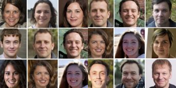 a grid showing real human faces and others generated by AI