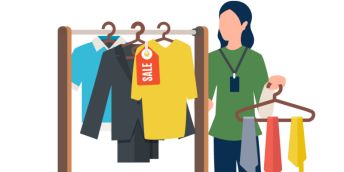 an illustration of a woman working in a clothes shop, hanging clothes on a rail. One item has a label that says "Sale" on it