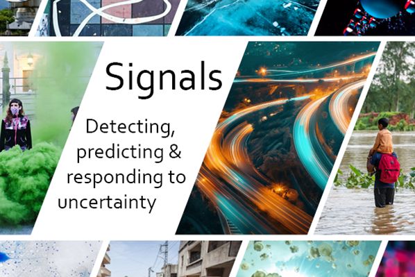 Headline theme promotional panel, featuring the name of the Headline Theme 'Signals: Detecting, predicting and responding to uncertainty' surrounded by multiple images of life on Earth