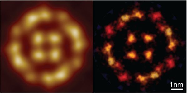A grainy, blurry image of orange dots in a circle, taken from a video and a version that has been processed to produce a high-resolution image.