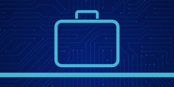 Graphic icon of the outline of a briefcase in light blue, against a dark blue background.