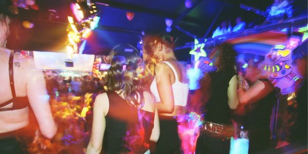 A club night in Leeds, with colourful lights and overlays