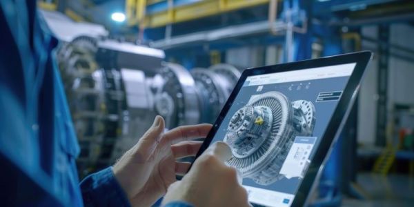 Engineer using a smart tablet to visualise 3D model of green energy engine in high tech electronics facility.