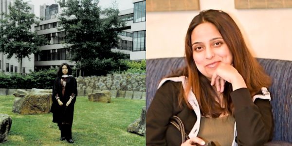 An image made up of two pictures - Shuchita Gautam stood in graduation robes on a grassy area on the University of Leeds campus and a profile image of Shuchita Gautam