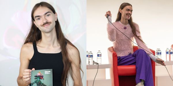 Two images side by side of Loic Chave. In the first they are holding a book, smiling at the camera, and in the second they are sat on stage holding a microphone