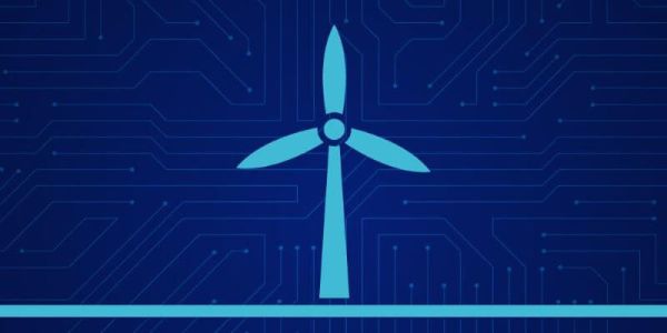 Simplistic graphic image of a blue wind turbine on a navy background with a pale motherboard pattern across it.
