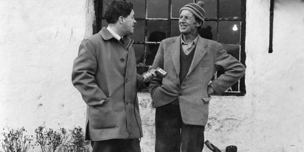 Stanley Ellis, Survey of English Dialects fieldworker, with microphone, with 'informant' Tom Mason, near Ilkley in 1967