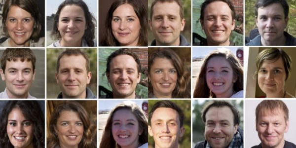 a grid showing real human faces and others generated by AI