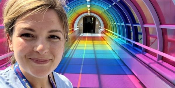 Lydia Spence in a colourful tunnel at Harrogate hospital.
