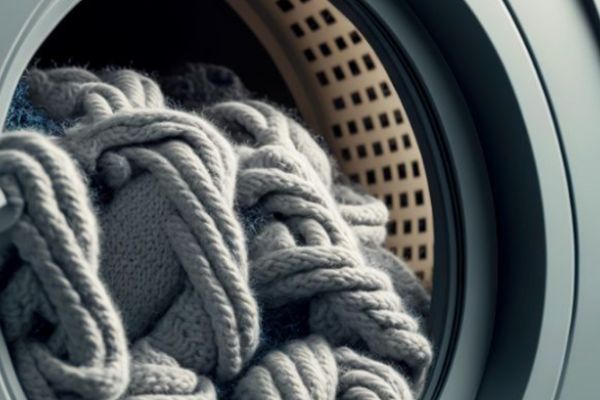 A wool cardigan in a washing machine.