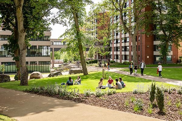 A group of students sat on a patch of grass on campus. There are trees and buildings in the background.