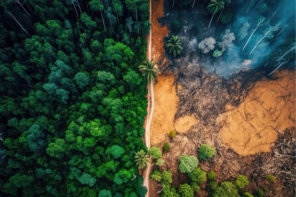 An arial picture half of which shows lush green forest, the other half showing a dry, arid, area of deforestation.
