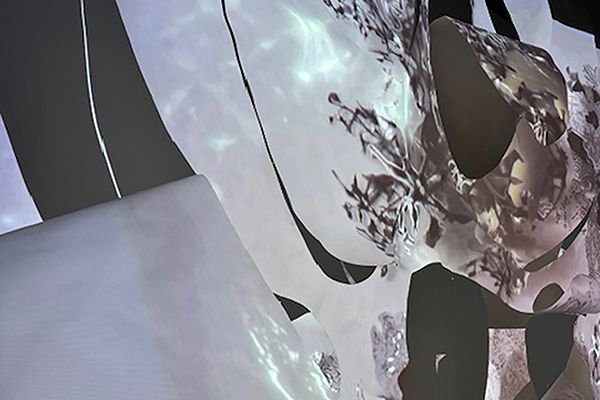 A close-up of an art exhibit: abstract shapes in black and grey.