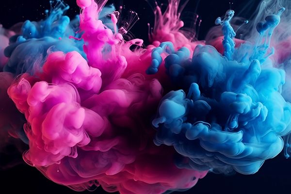 Two plumes of brightly-coloured pink and blue smoke blend across the middle.