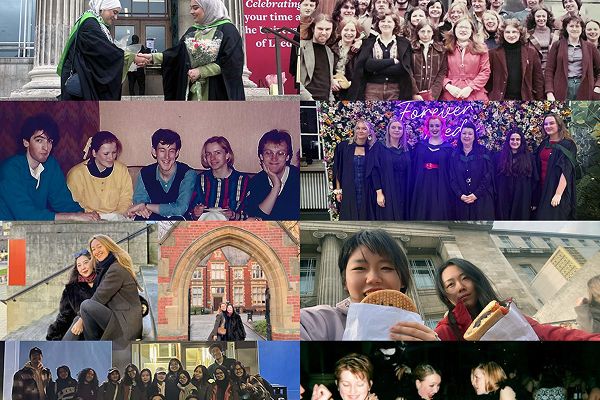 A collage of Leeds alumni with friends in various settings