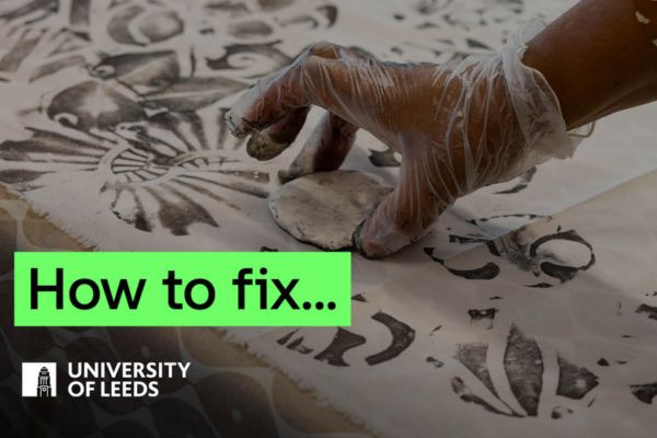 Podcast thumbnail for 'How to fix...' showing a person printing a pattern on a piece of cloth
