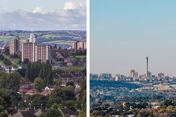Aerial views of Leeds and Johannesburg