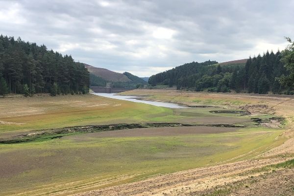 Ladybower Reservoir with low water levels.