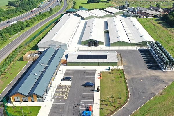 Aerial shot of farm buildings.