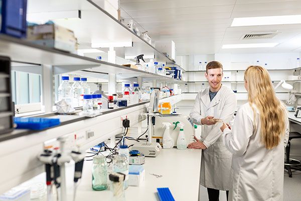 Two postgraduate researchers working in a lab.