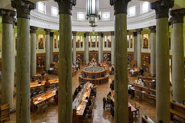 A high balcony view down into the Parkinson reading room.