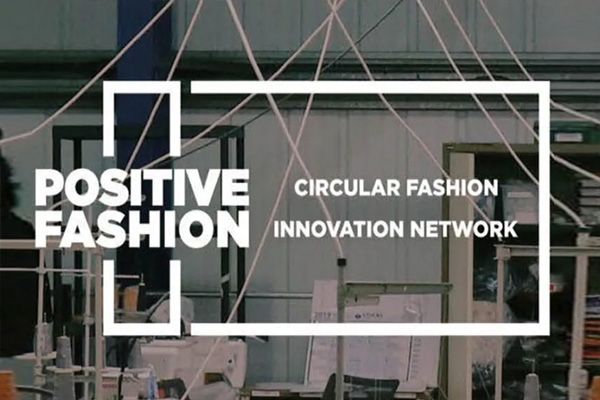 View of a loom and various textiles. Text says: Positive Fashion - Circular fashion innovation network.