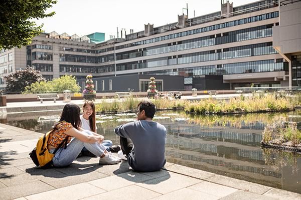 Students sitting by the Roger Stevens pond in summer