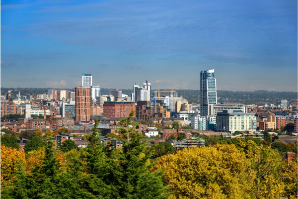 Leeds city skyline with a variety of trees in the foreground