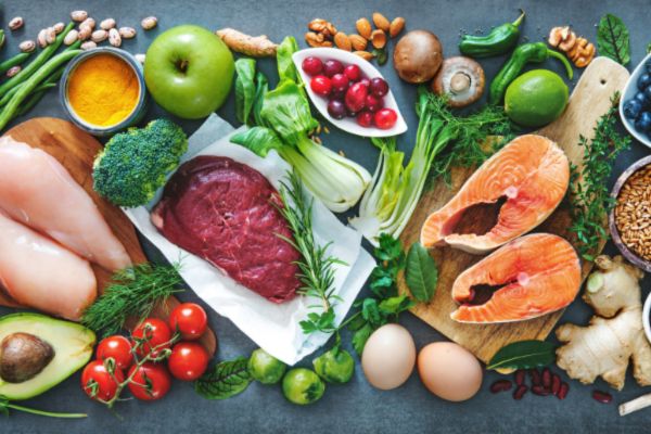 A selection of healthy food, including chicken, fish and vegetables