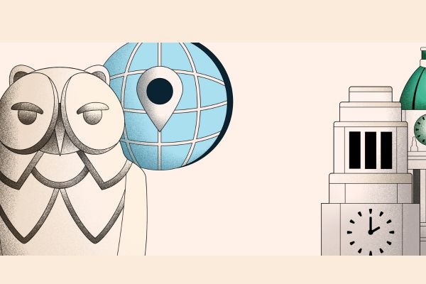 An illustration representing how the University of Leeds works with regional partners. Featured is a golden owl, a globe with a location marker on it, the Parkinson clock tower and part of the Leeds town hall clock tower.